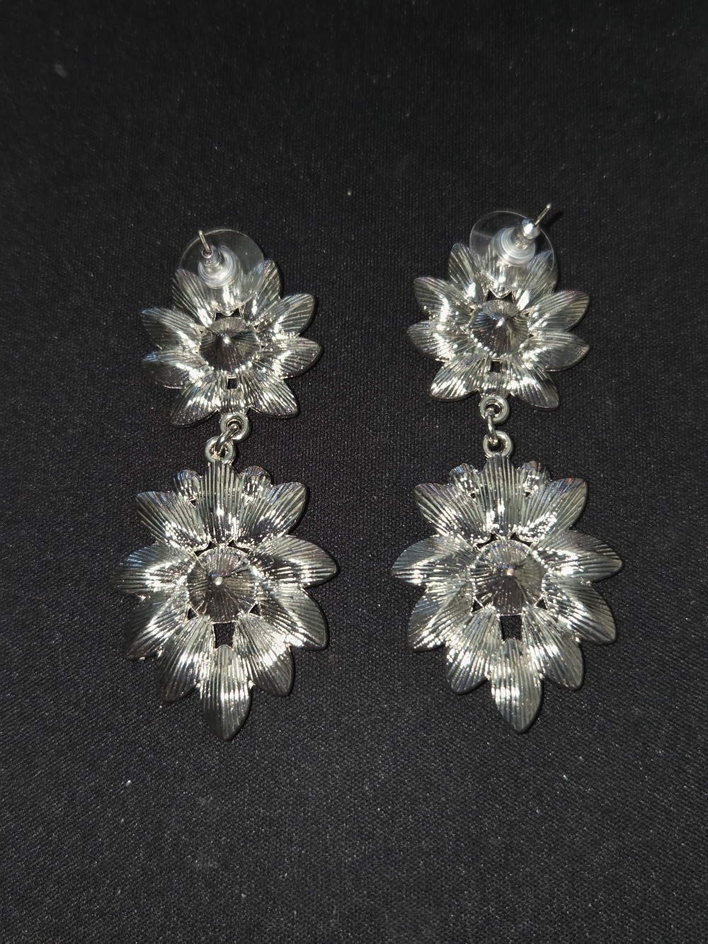 Crystal Rhinestone Floral Drop Earrings Silver Tone Pierced 2.5" Statement - Picture 5 of 7
